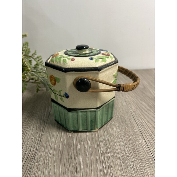 Vintage Porcelain Jar W/ Lid & Wicker Rattan Handle Floral Tea Caddy - Picture 2 of 13
